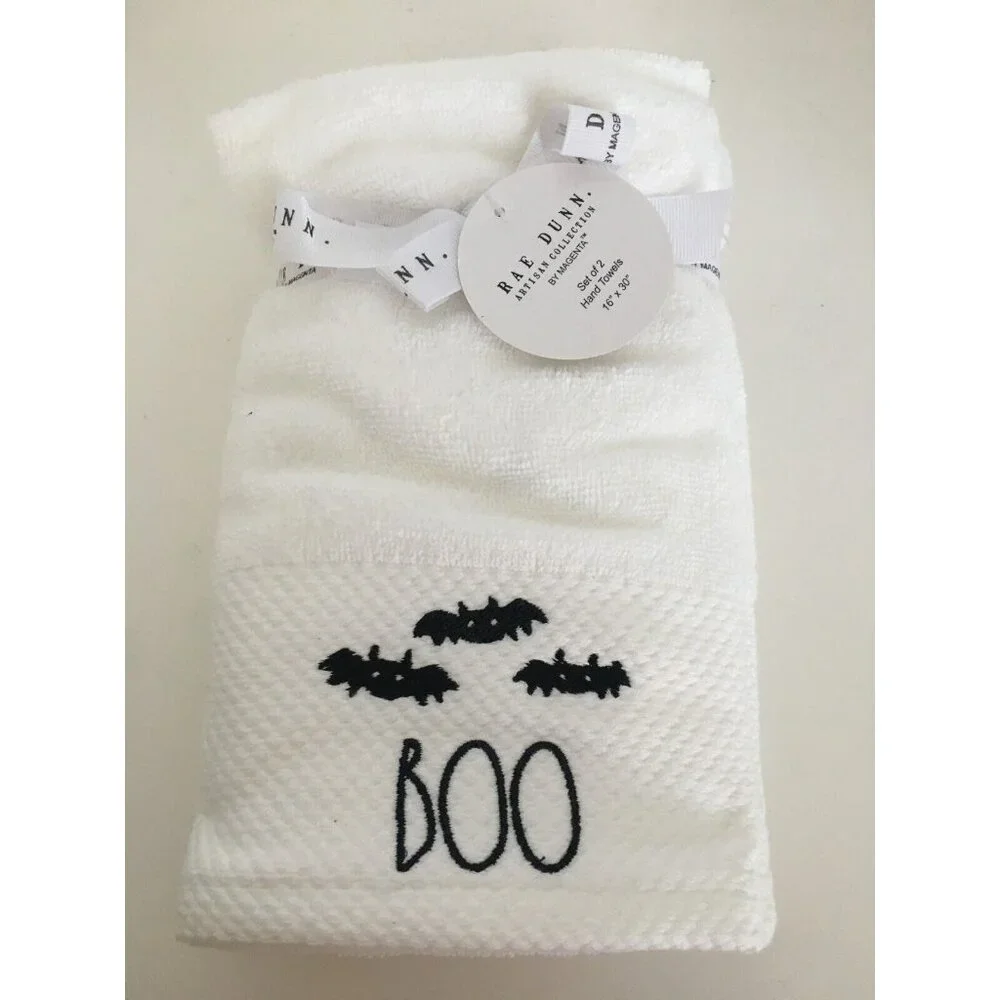 Rae Dunn Halloween Hand Towels Boo Bats Set of 2 16 x 30 in White with Black New